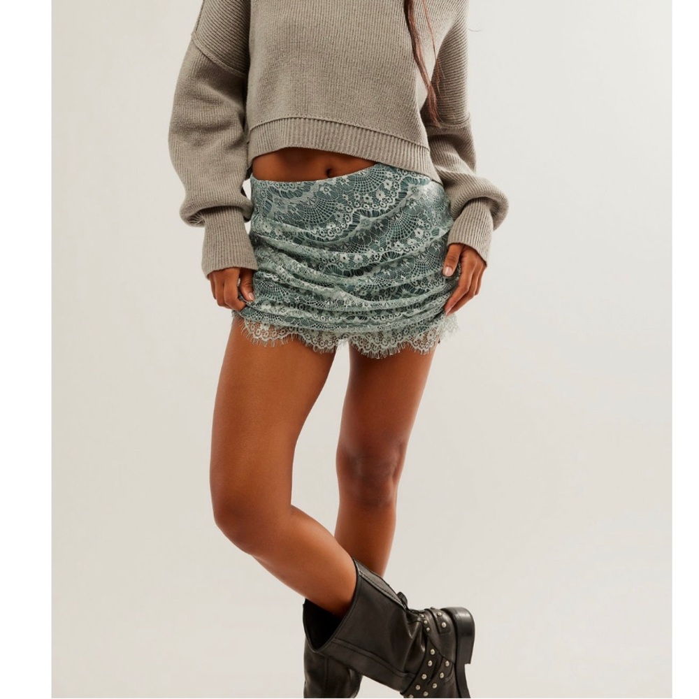 Free People Mini Skirt in Blue with Lace